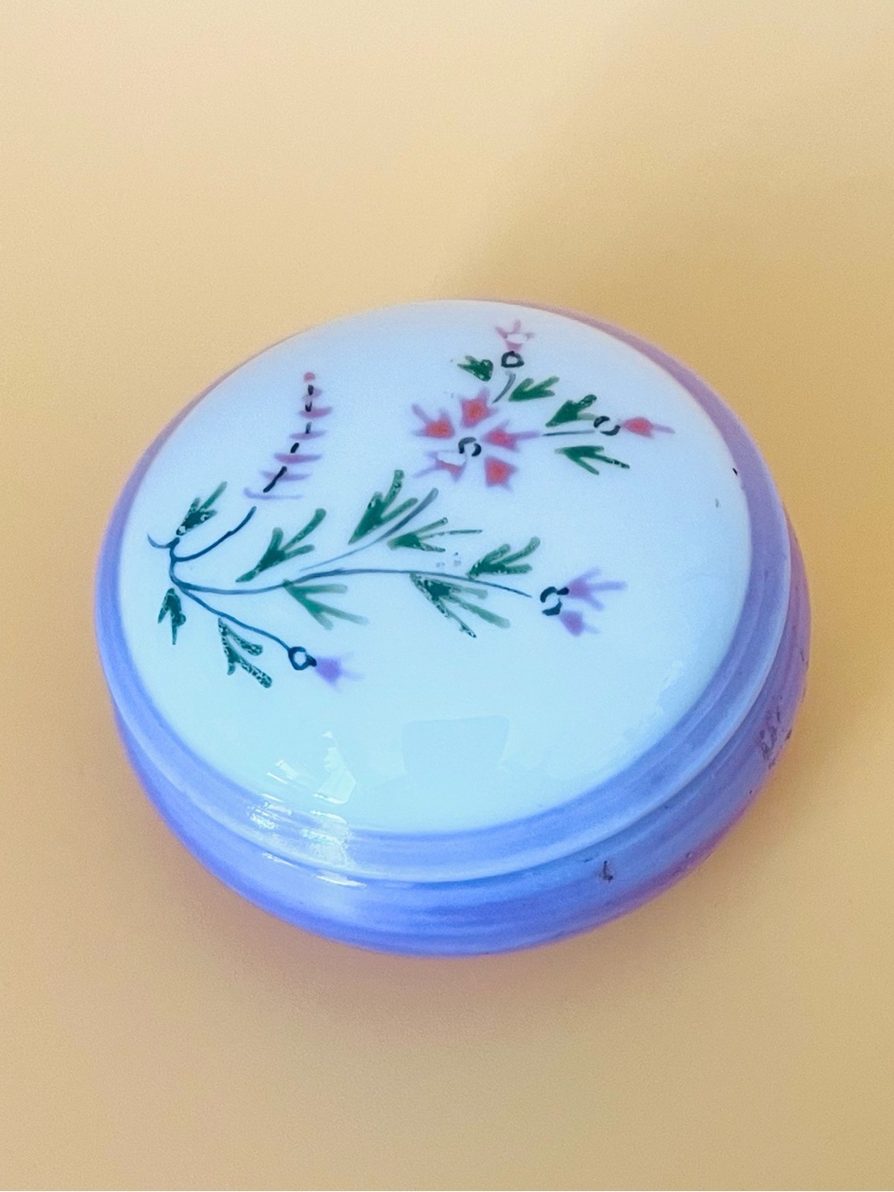 Vintage LIMOGES France Round Floral Porcelain Trinket Box in Lavender and White